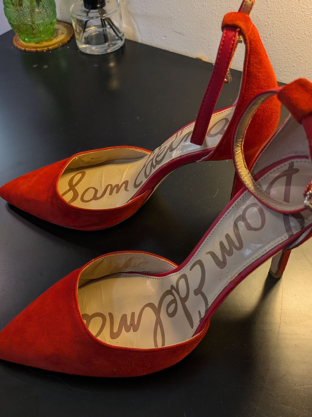 Sam Edelman Red Suede Pointed-Toe Ankle-Strap Pumps